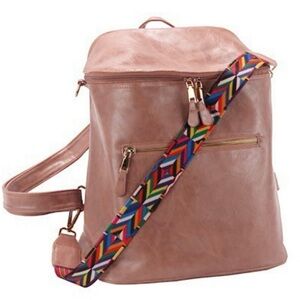 Stylish Tan Backpack with Colorful Strap